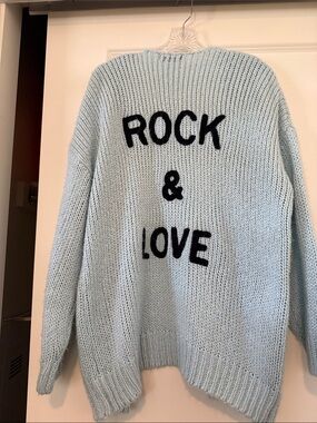 Source Unknown Light Blue Knit Cardigan with Black 'ROCK & LOVE' Lettering
